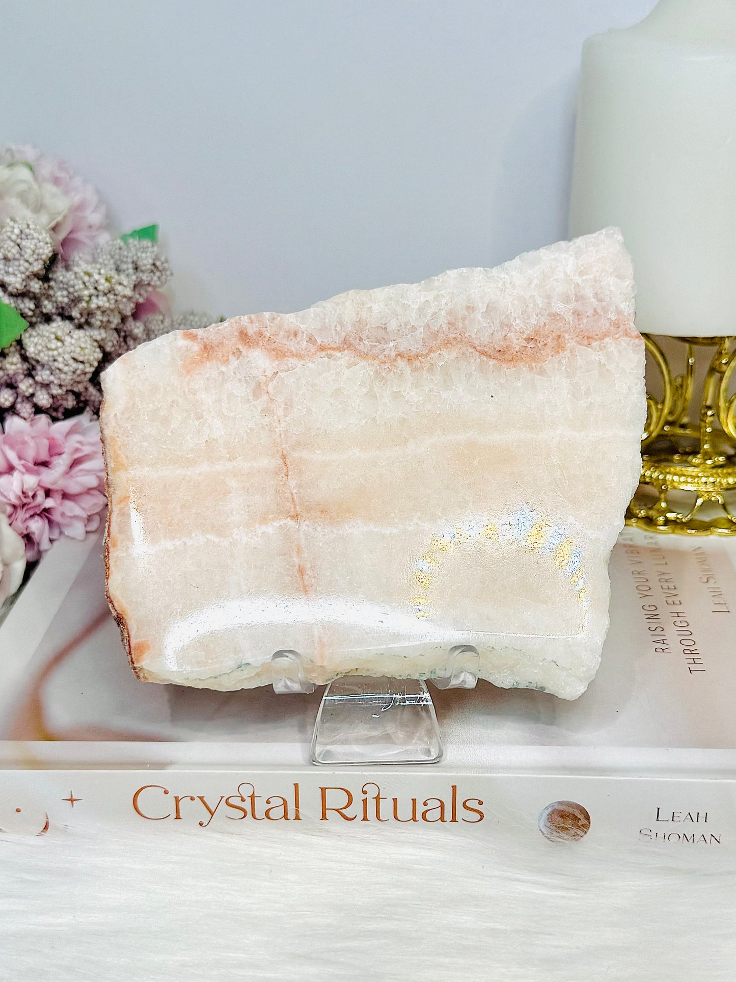 Mexican Pink Calcite Natural Slab 13cm on Stand