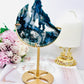 Incredible Tall 20cm Druzy Moss Agate Wolf on Moon Carving on Gold Stand