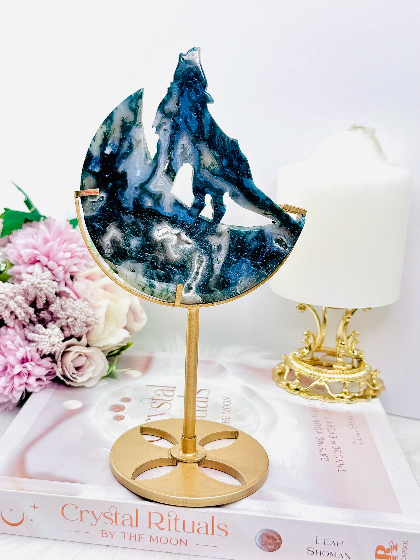 Incredible Tall 20cm Druzy Moss Agate Wolf on Moon Carving on Gold Stand