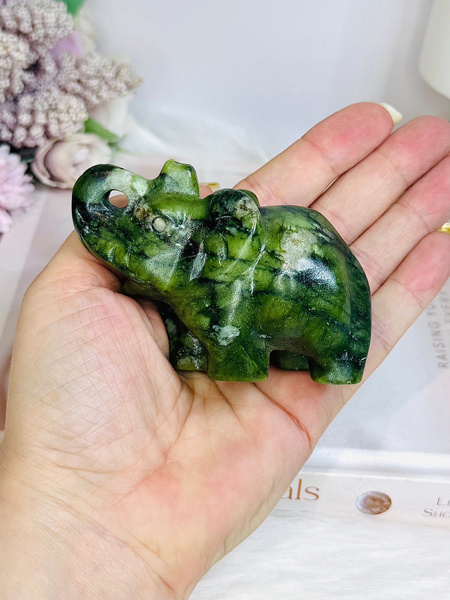 Green Jade Carved Elephant 8cm