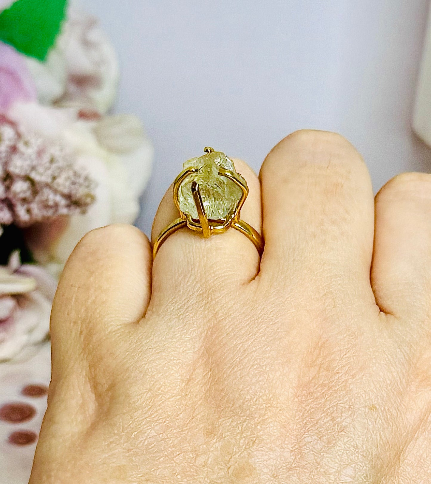 Prasiolite | Green Amethyst Gold Plated Adjustable Ring In Gift Bag