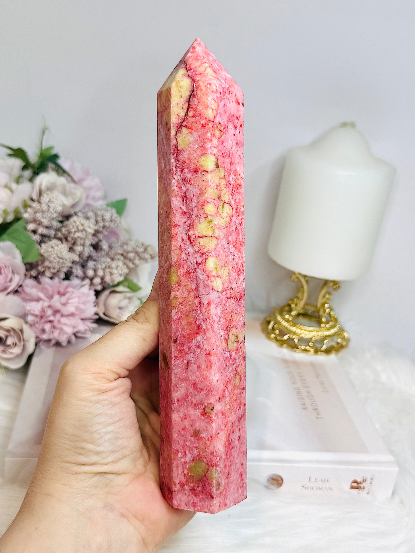 Rare Large Thulite Tower with Epidote Inclusions 20cm