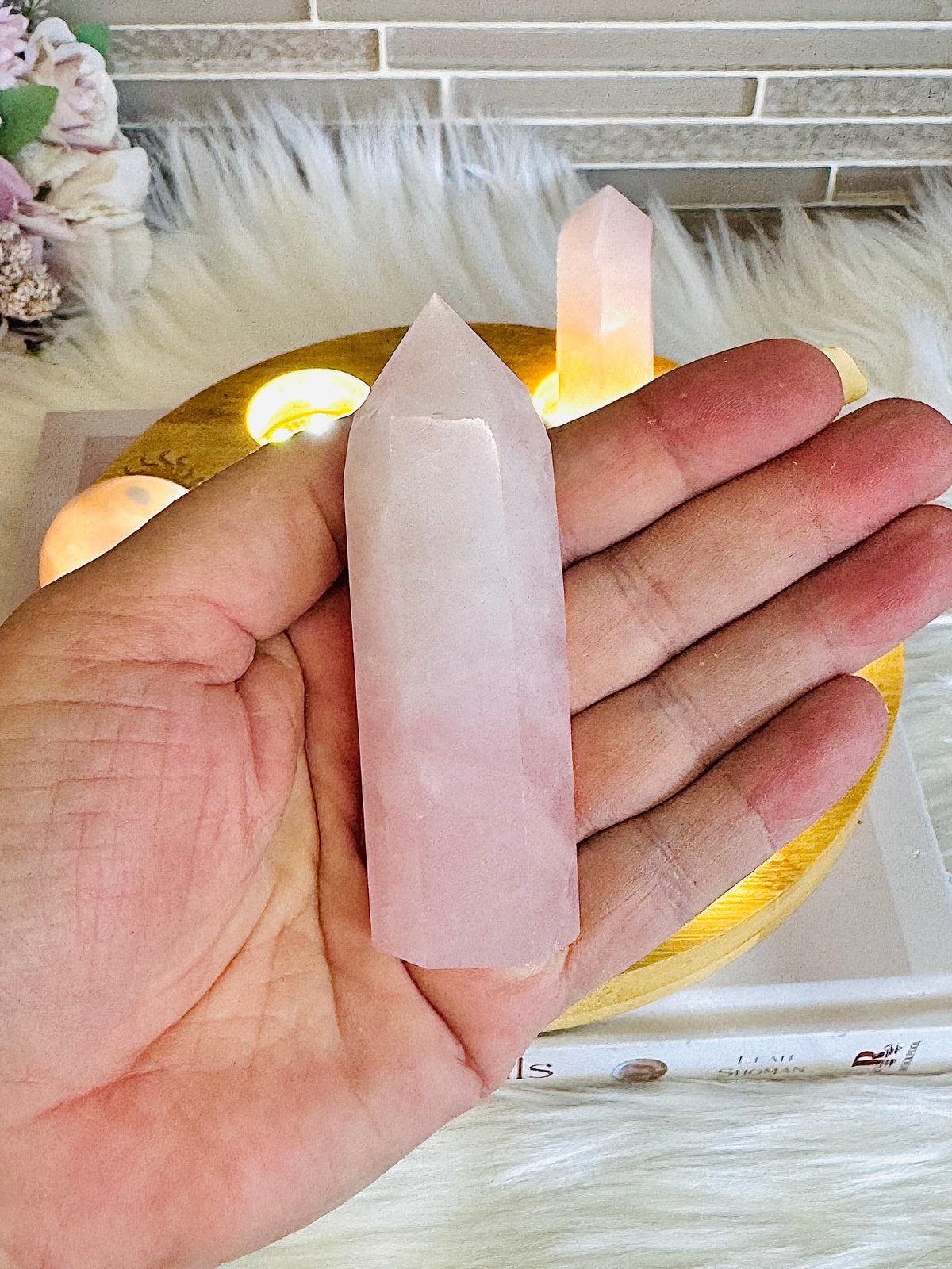 Feminine Energy ~ Large Light Stand 20cm with Glass Roses Sphere, 4 Pink Amethyst Spheres, 2 Rose Quartz Towers