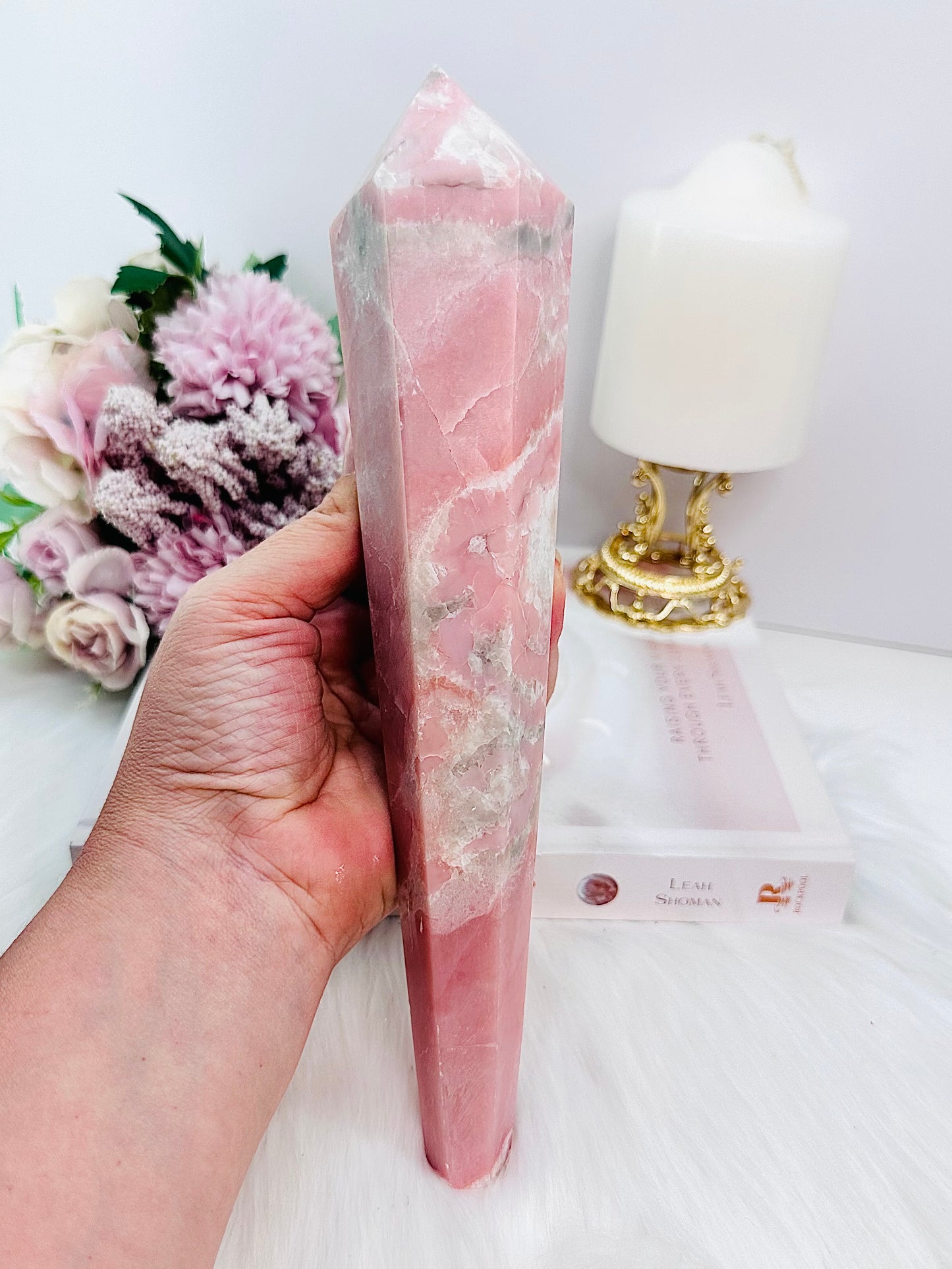 Classy & Fabulous Huge Pink Opal Wand | Obelisk Tower On Silver Stand 27cm