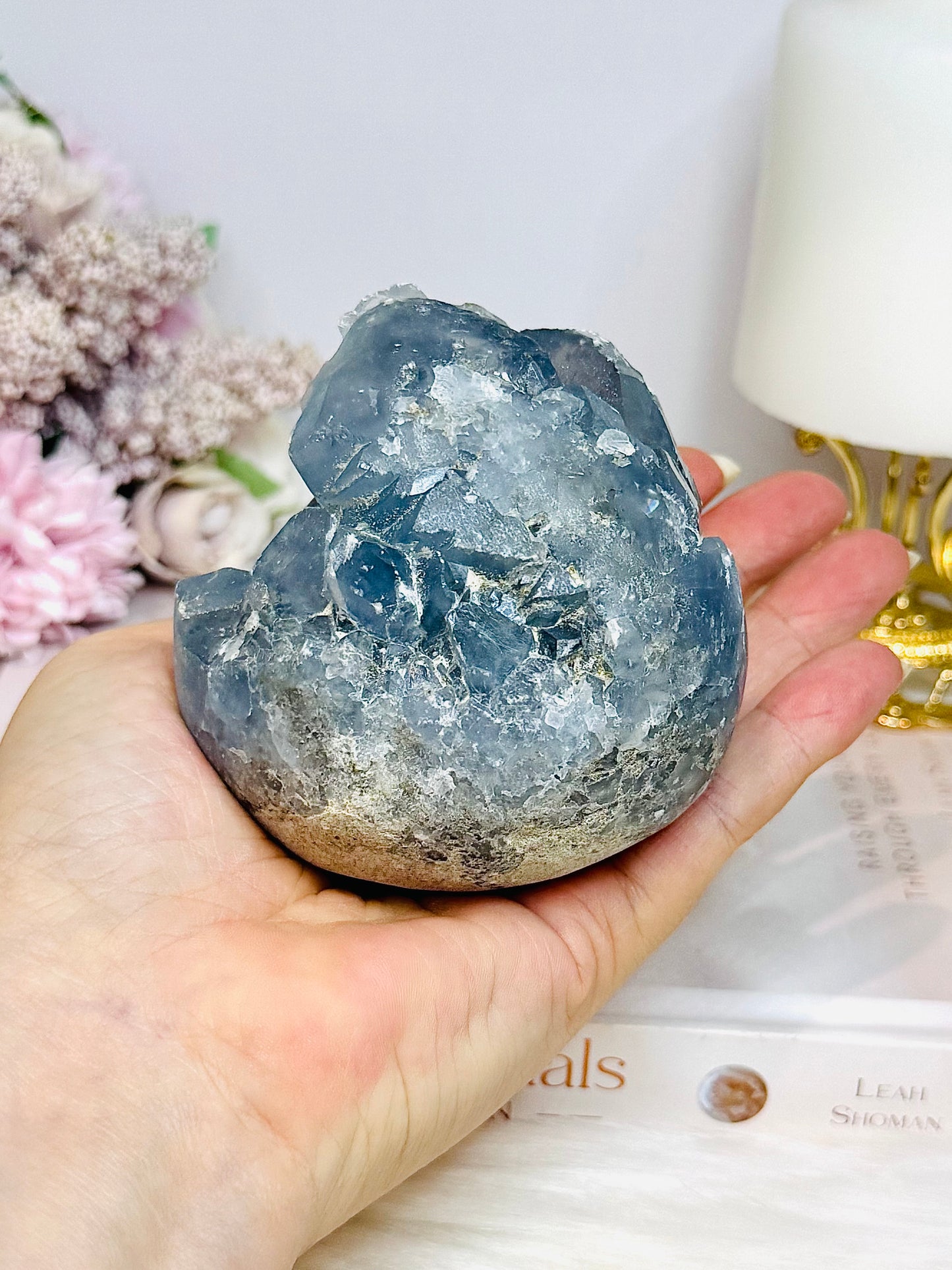 Large Blue Celestite Cluster on Stand 668g