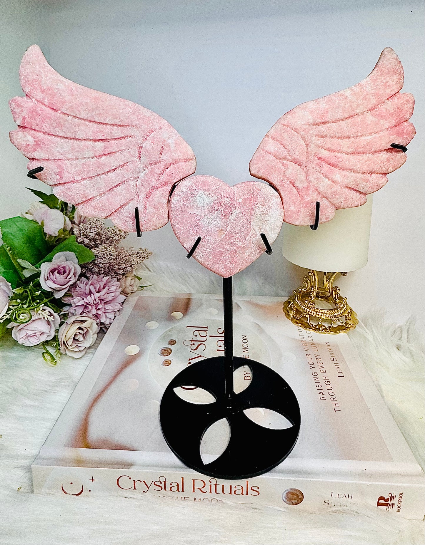 Large Pink Opal Heart with Angel Wings on Stand 23.5cm