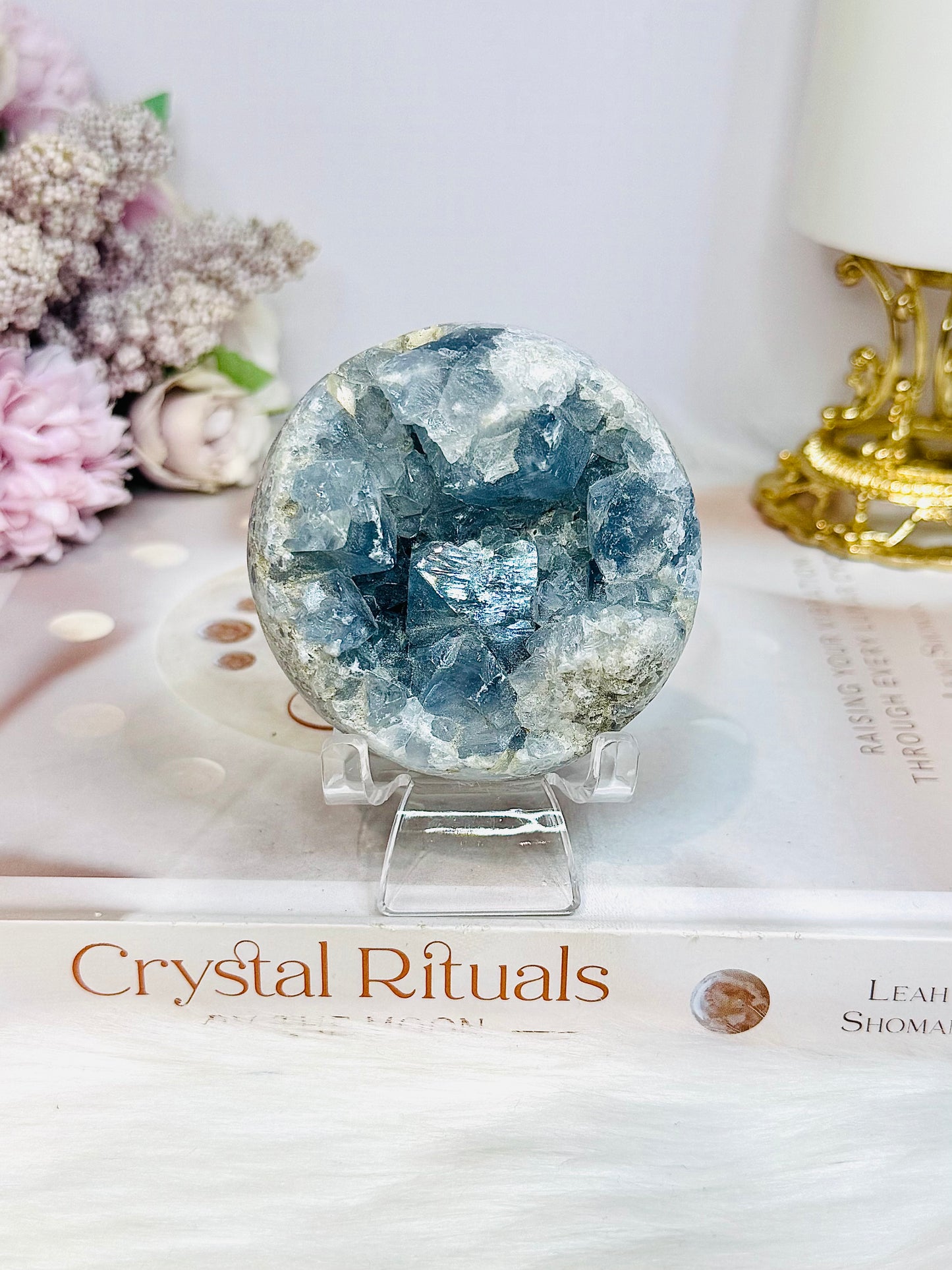 Blue Celestite Round Freeform 262g On Stand