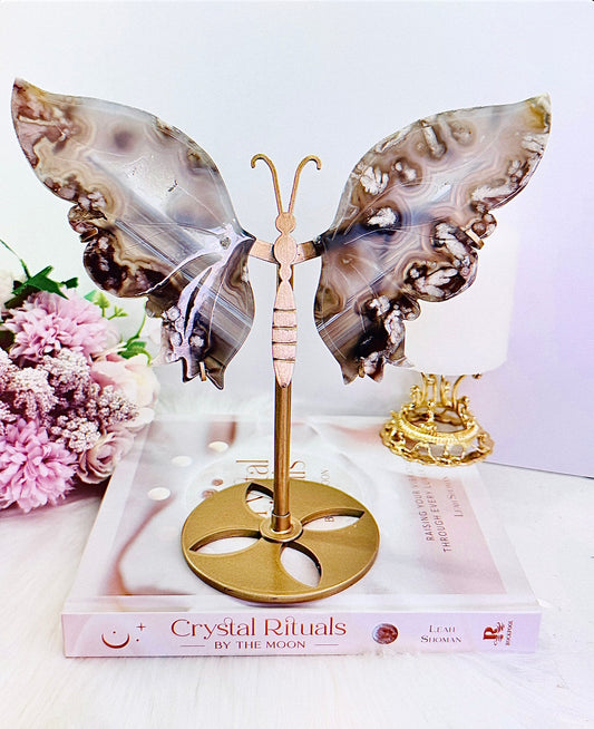 Wow!!! Stunning Large 21cm (Inc Stand) Druzy Black Flower Agate Carved Butterfly Wings on Gold Stand