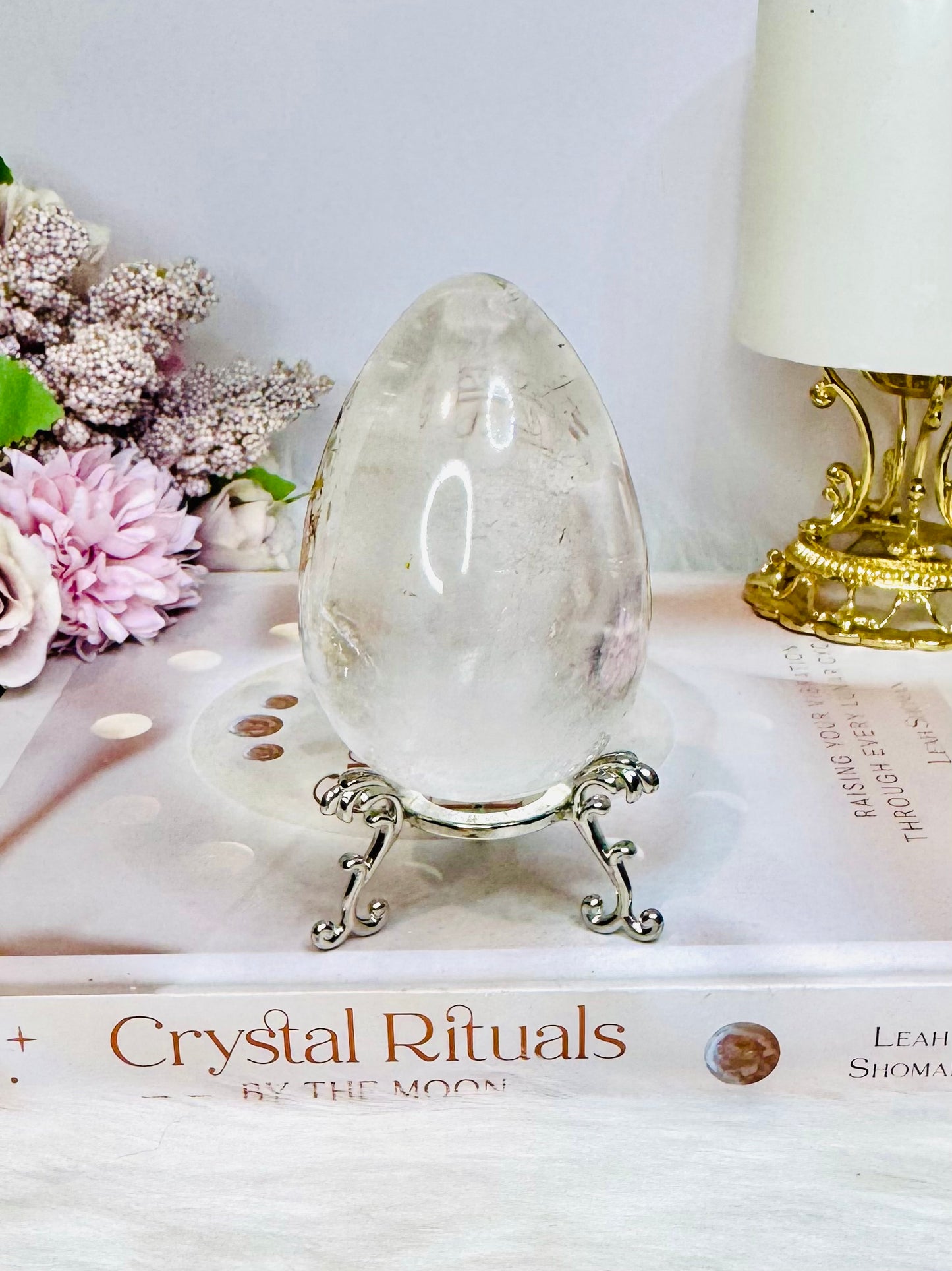 Large Clear Quartz Egg with Inclusions On Stand 7cm