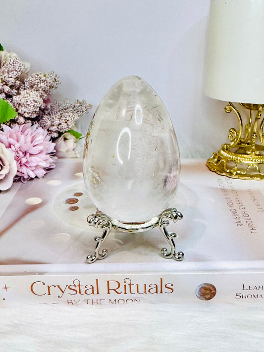 Large Clear Quartz Egg with Inclusions On Stand 7cm
