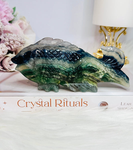 Beautiful 14cm Rainbow Fluorite Carved Fish