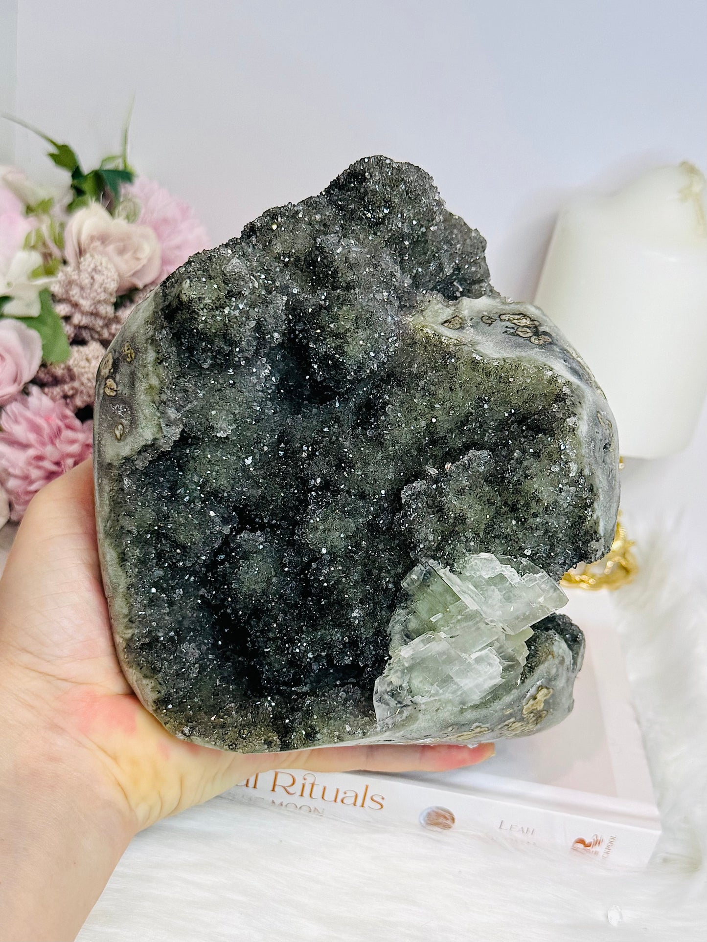 Huge Natural Green Amethyst | Prasiolite Specimen with Calcite Inclusions 16.5cm  2.45KG
