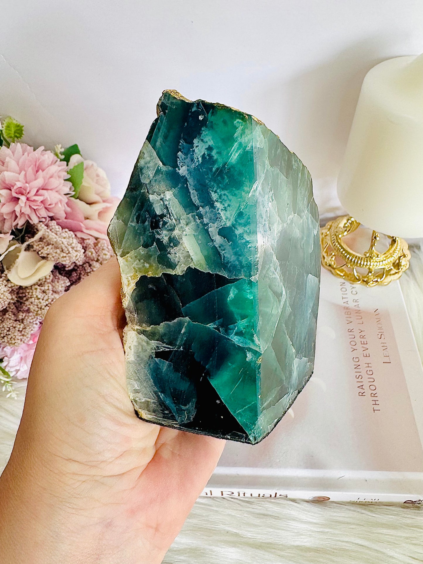 Absolutely Stunning Large Chunky 1.82KG Green Fluorite Gold Plated Book Ends