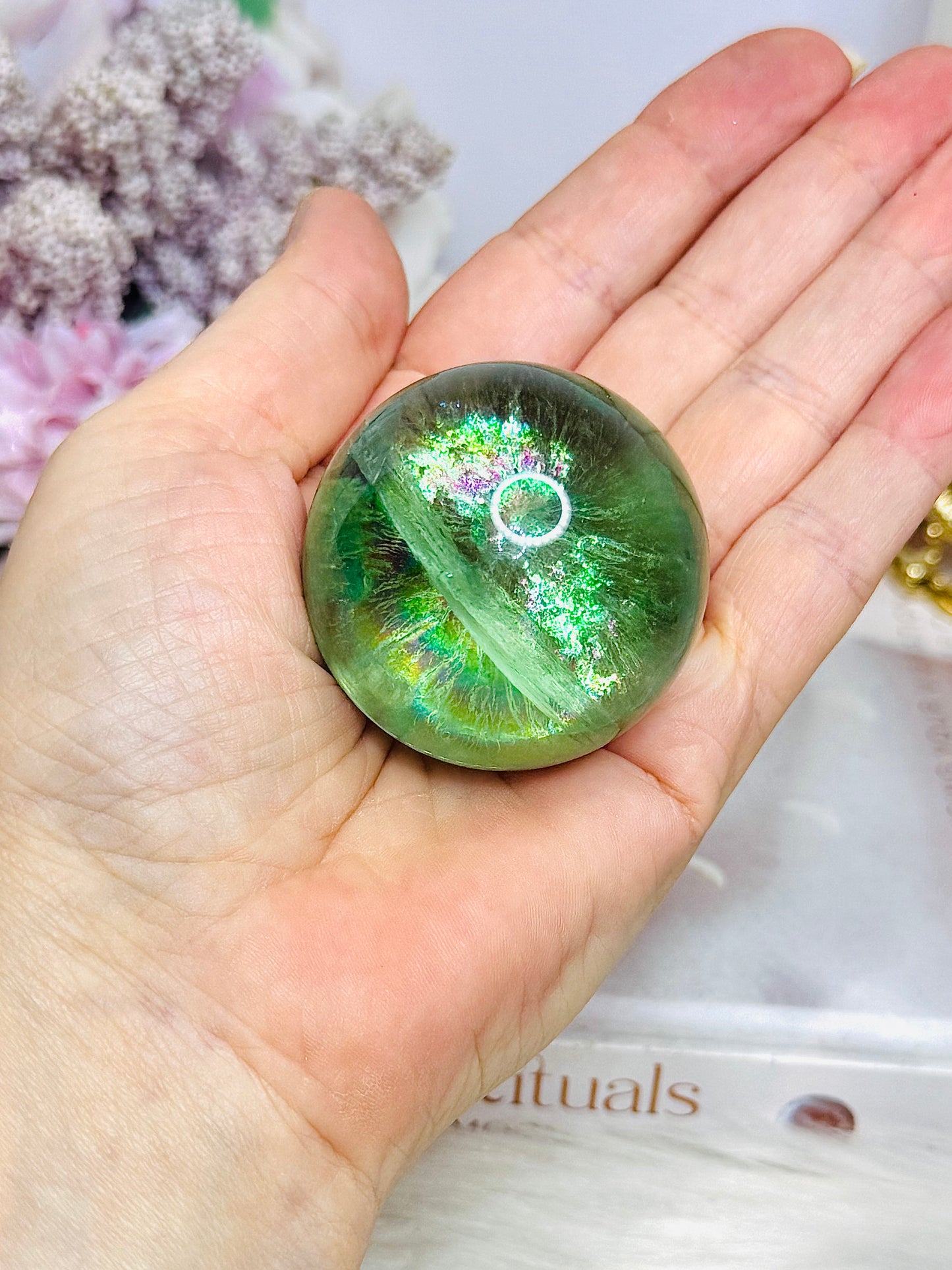 FOR SUE ~ High Grade Fluorite Sphere Full of Incredible Rainbows 161g On Stand