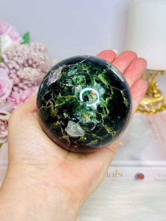 Large Fluorite Sphere with Rainbows 728g On Stand