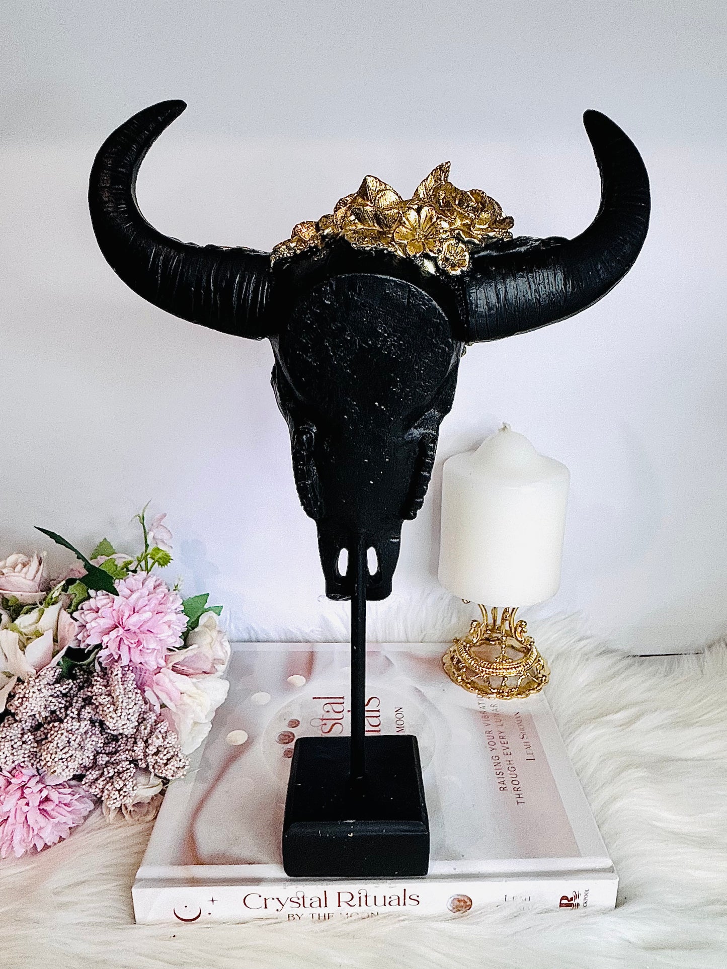 Large 33cm Black & Gold Cow Skull On Stand