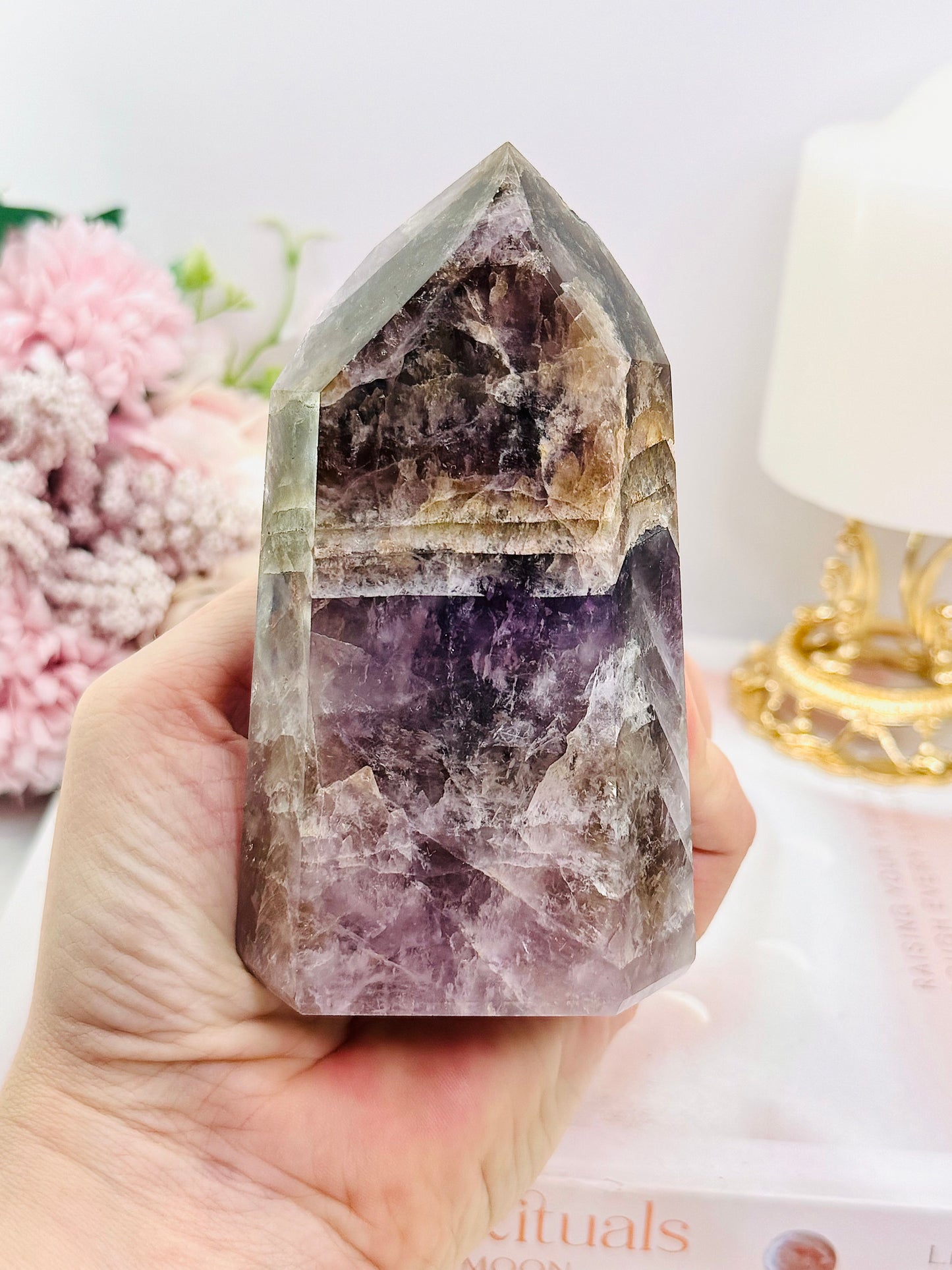 Sacred Rare Stone ~ Divine Super Seven Carved Tower From Brazil with Rainbows 11.5cm 431grams