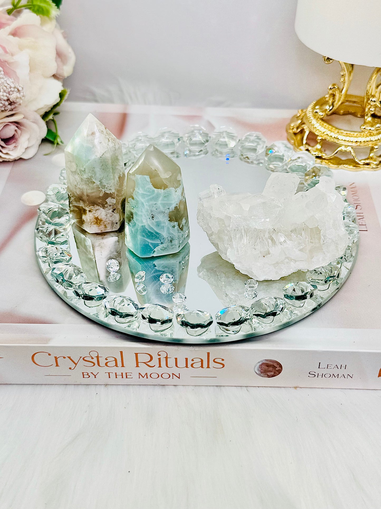 Gift Set Range ~ 15cm Diamanté Mirror with Set of 2 Green Flower Agate Towers & Natural High Grade Clear Quartz Cluster