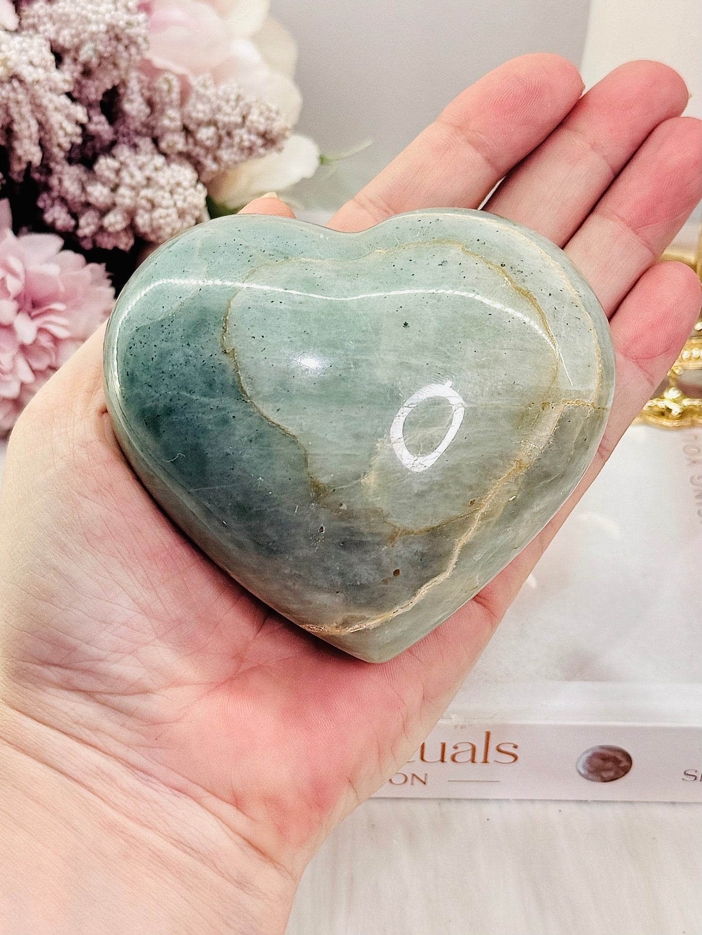 Puffy Large Natural Green Moonstone Carved Heart 423grams