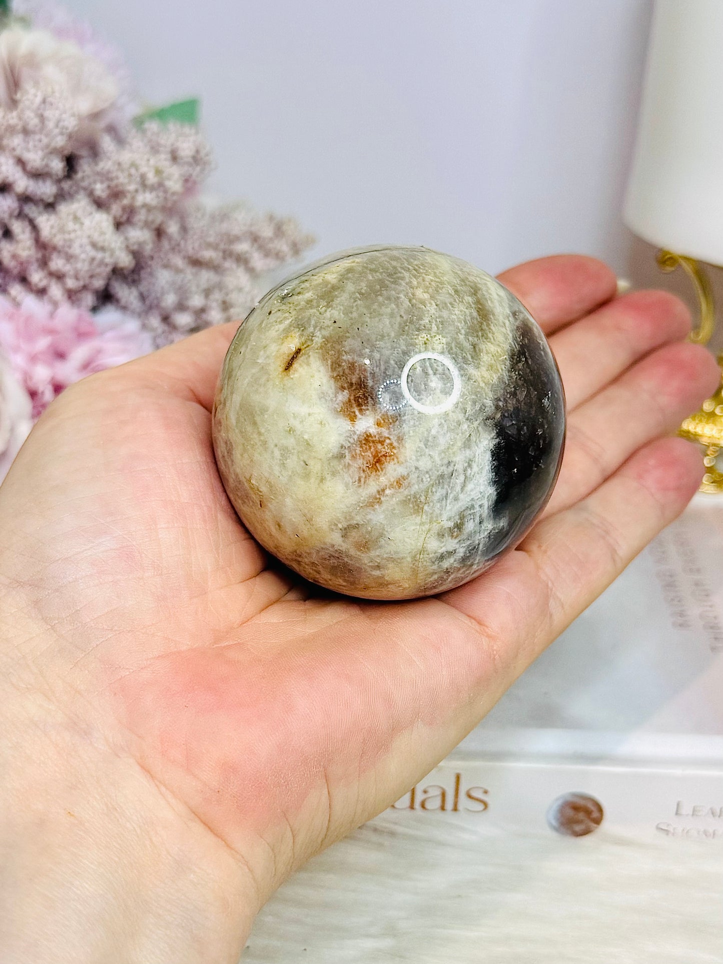 Moonstone Sphere with Blue Flash on Stand 274g