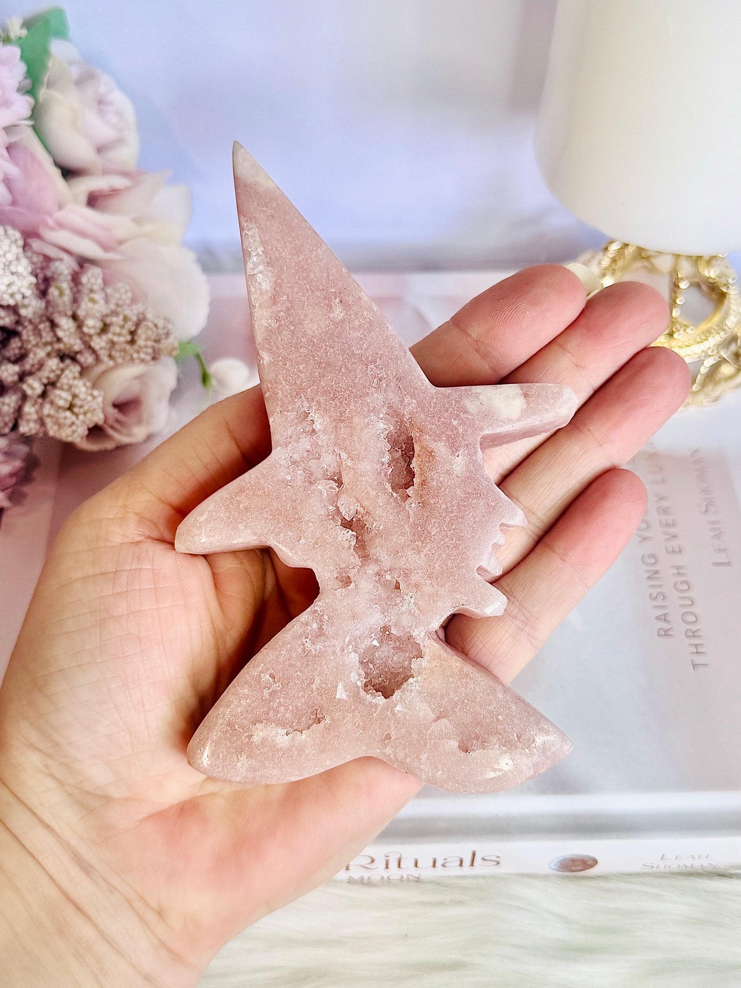 Chunky 13cm Carved Druzy Pink Amethyst Witch