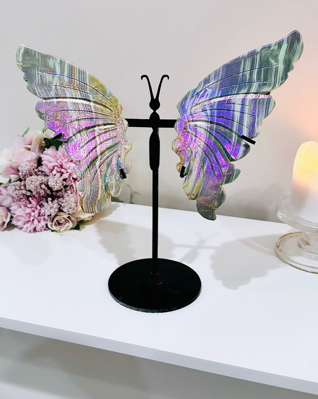 ⚜️ SALE ⚜️ WOWOWOWOW!!!! A Spectacular Piece!!!! Large 27cm (Inc Stand) Aura Calcite Butterfly Wings On Stand