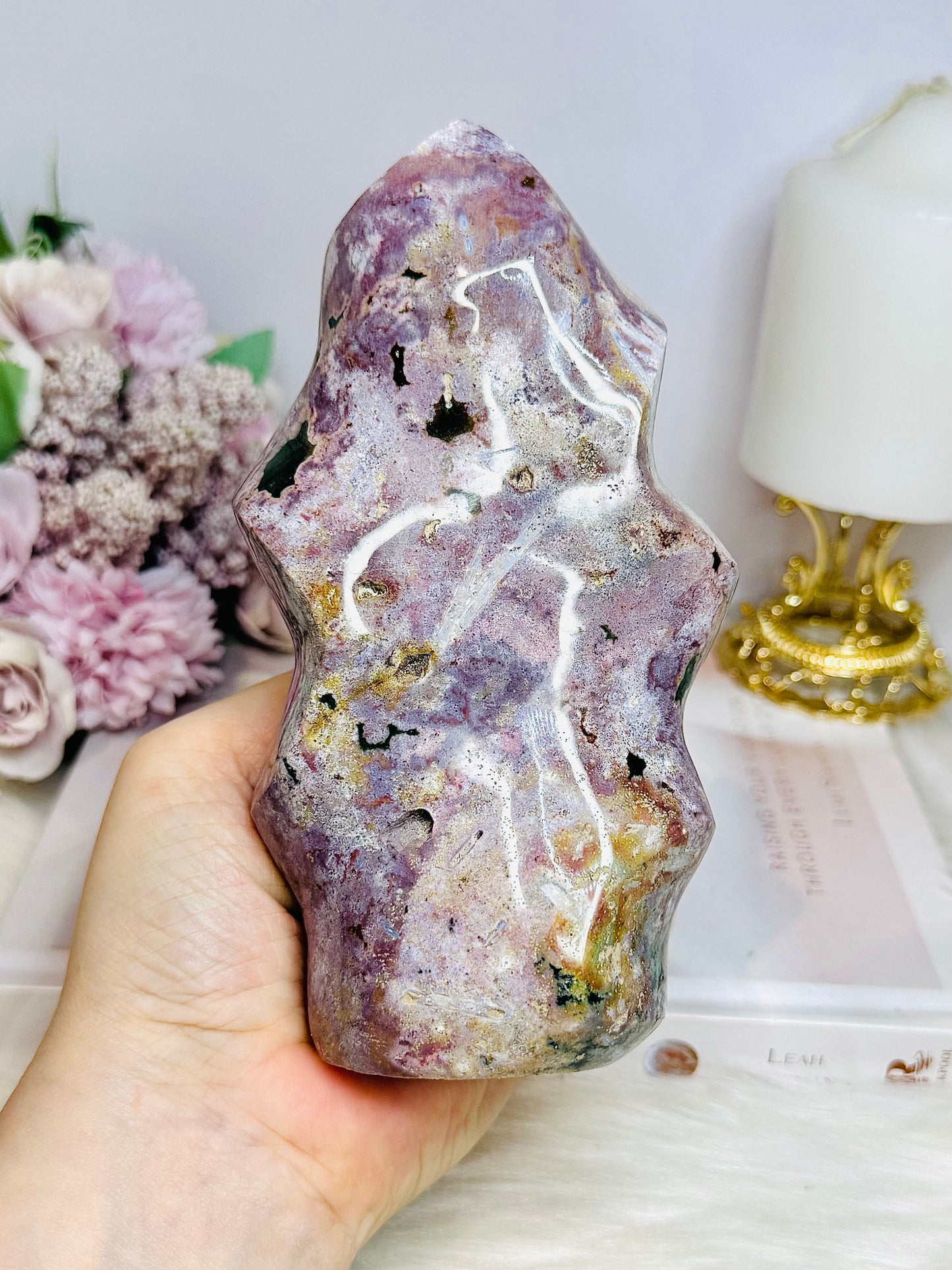 Large Ocean Jasper Carved Flame 16cm 850g