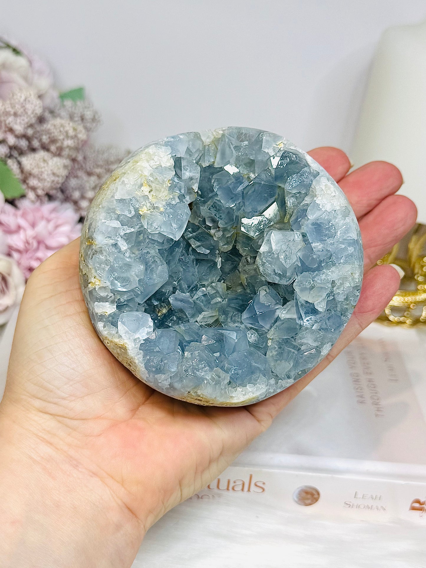 Large Blue Celestite Cluster on Stand 758g
