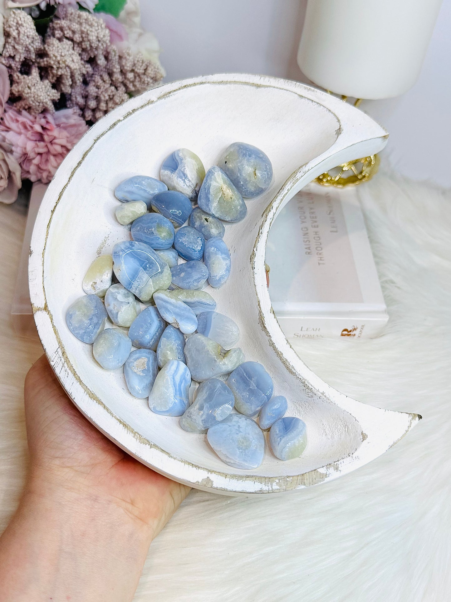 Large Timber Moon Bowl 20cm Filled with Blue Lace Agate Tumbles