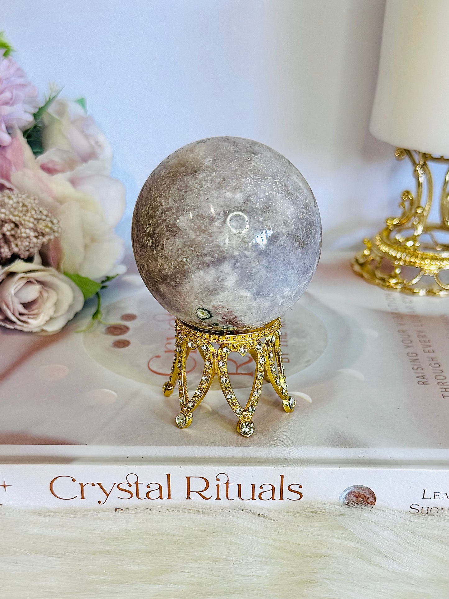 Natural Pink Amethyst Carved Sphere with Green Jasper Druzy on Gold Crown Stand