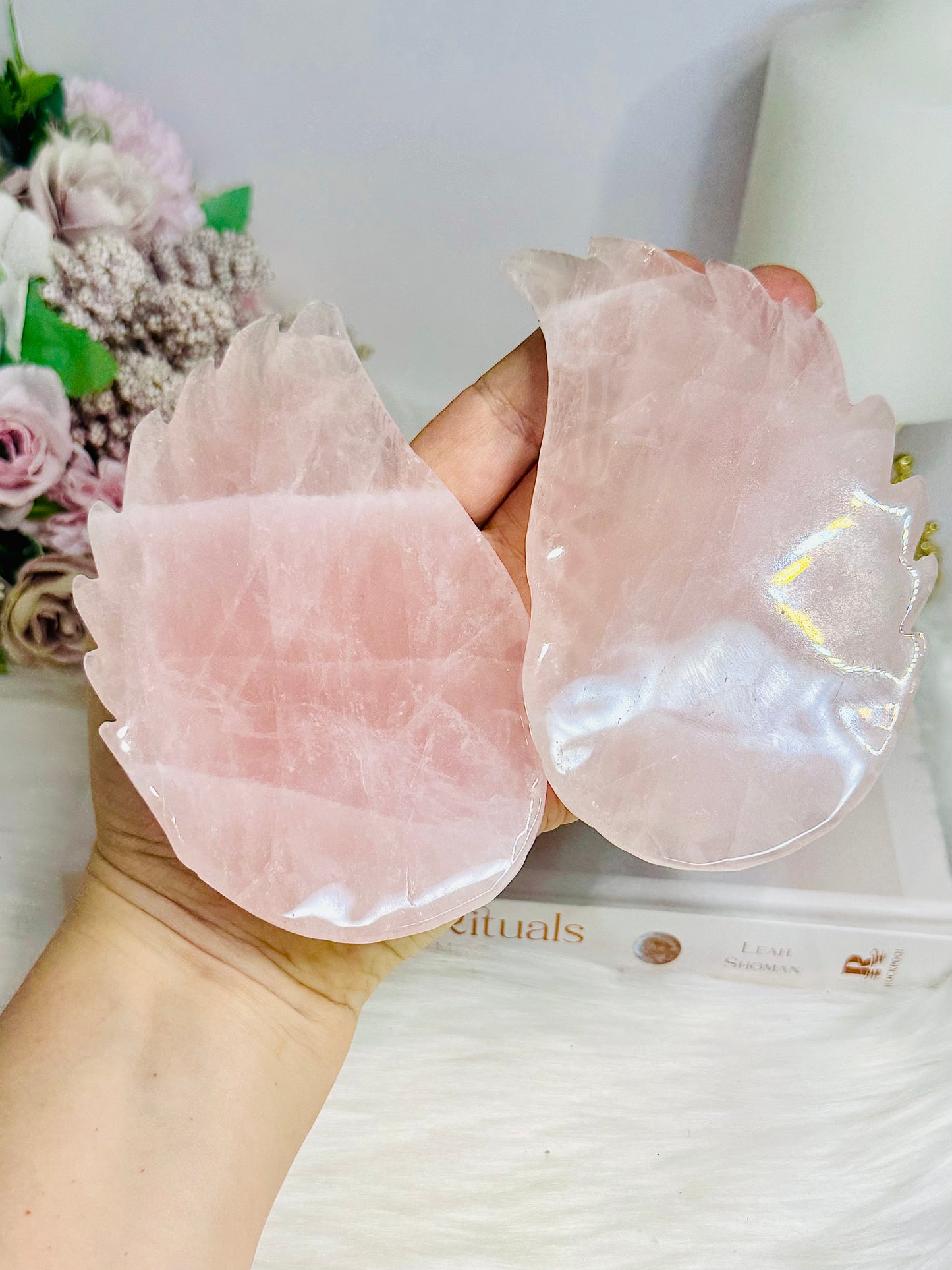 Large Chunky Rose Quartz Butterfly Wings on Gold Stand 26cm 944g