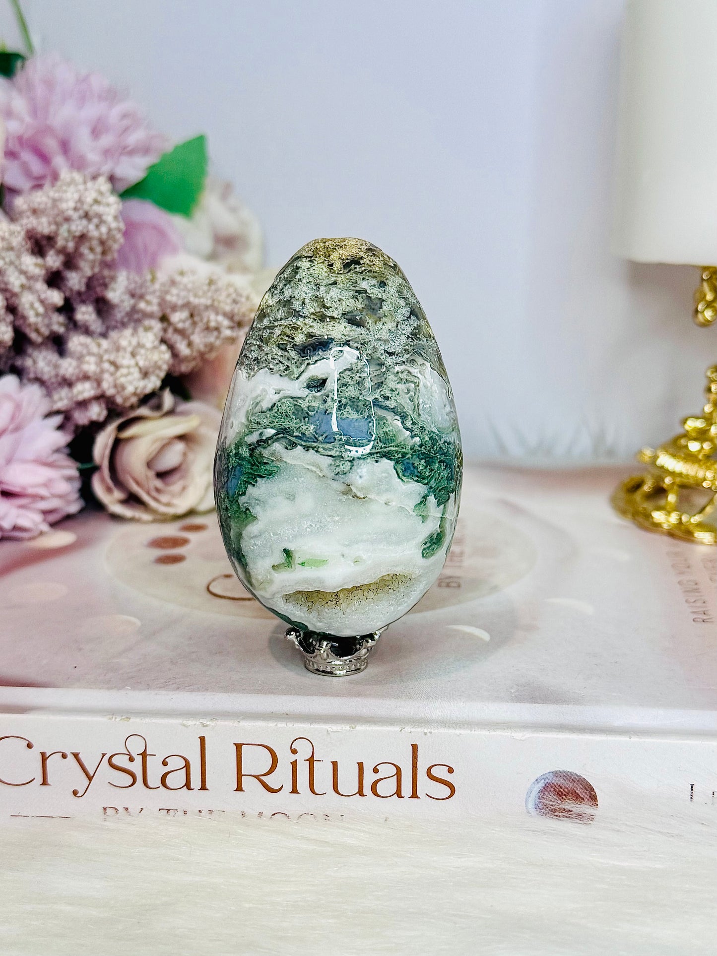 Moss Agate Druzy Egg On Stand 160g