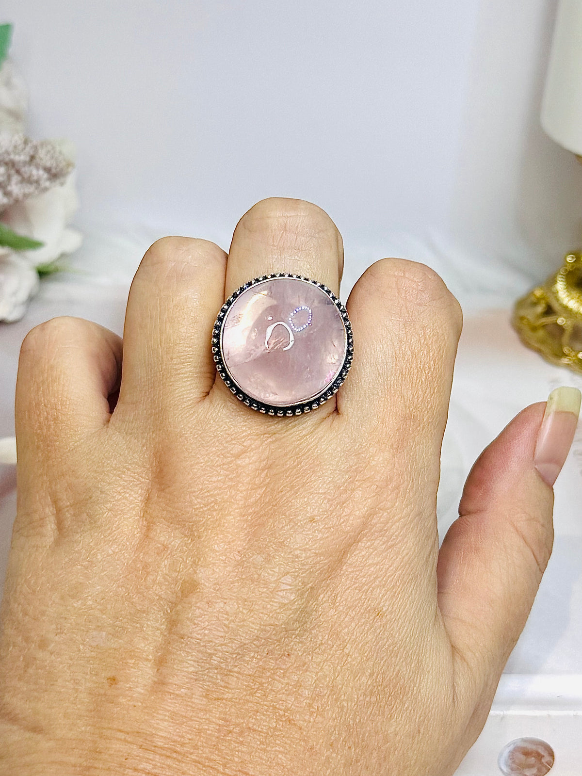 Large Silver Rose Quartz Round Ring Size 9