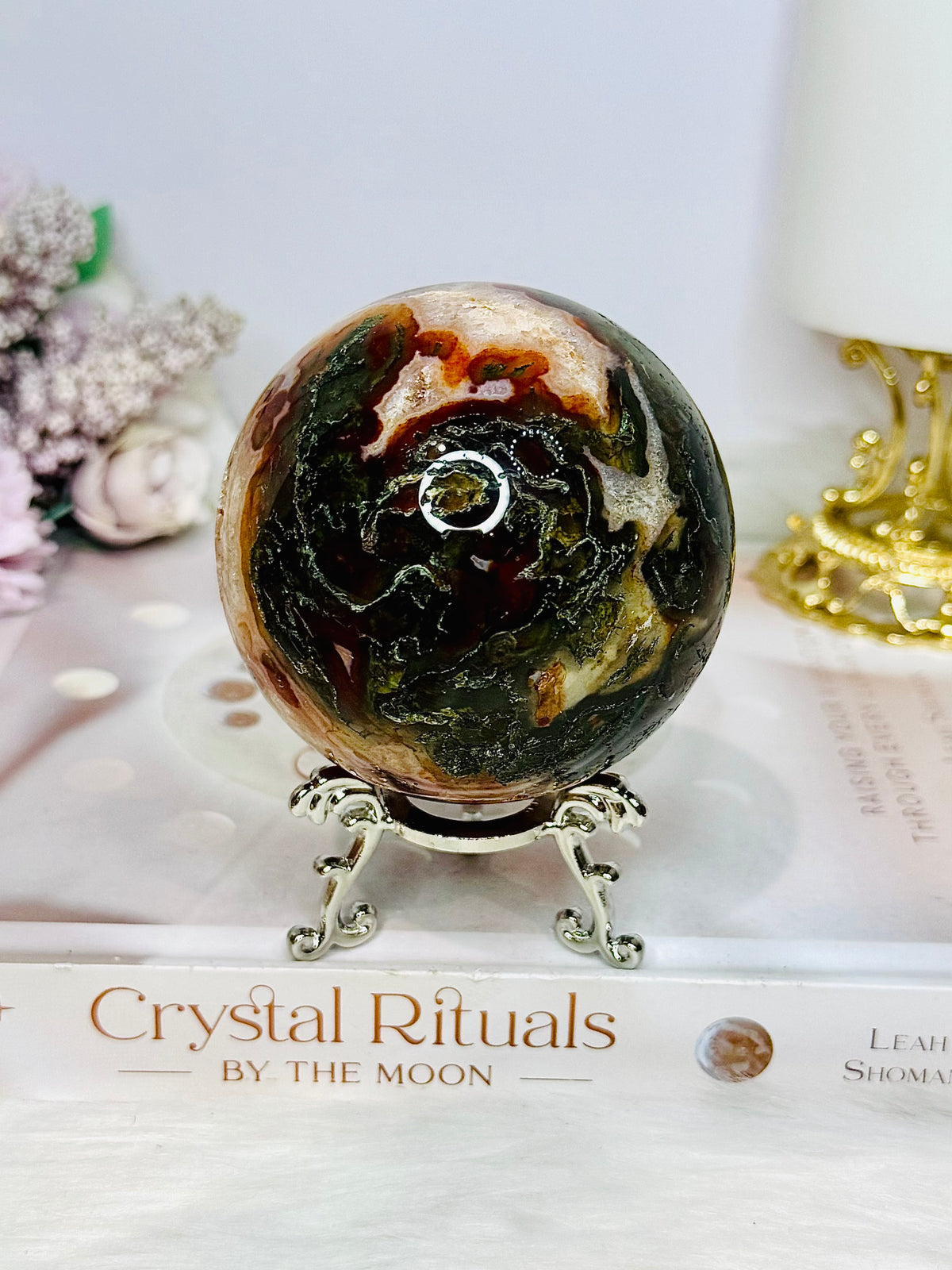 Large Druzy Red Moss Agate Sphere on Stand 510g