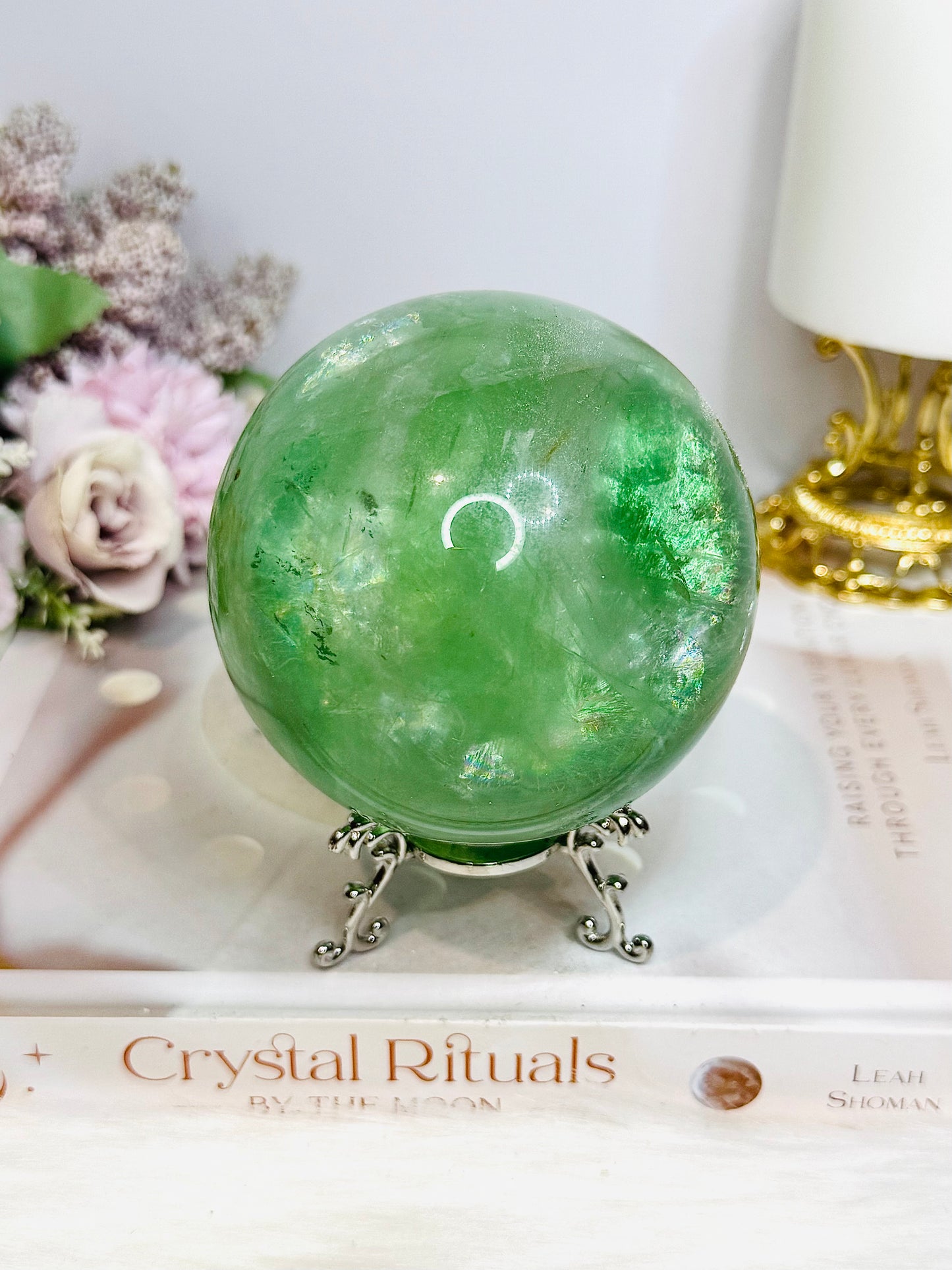 Large Green Fluorite Sphere Full of Rainbows 923g