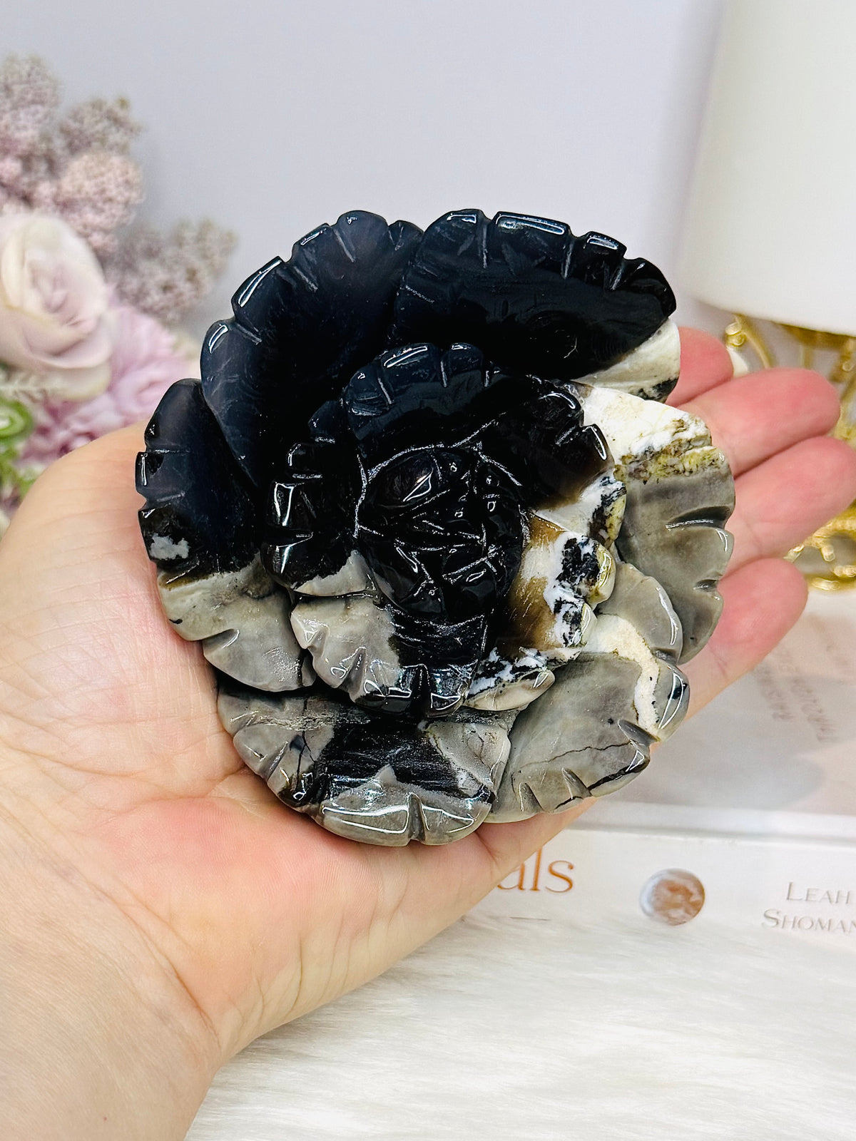 Large Volcano Agate (UV Reactive) Carved Flower 386g
