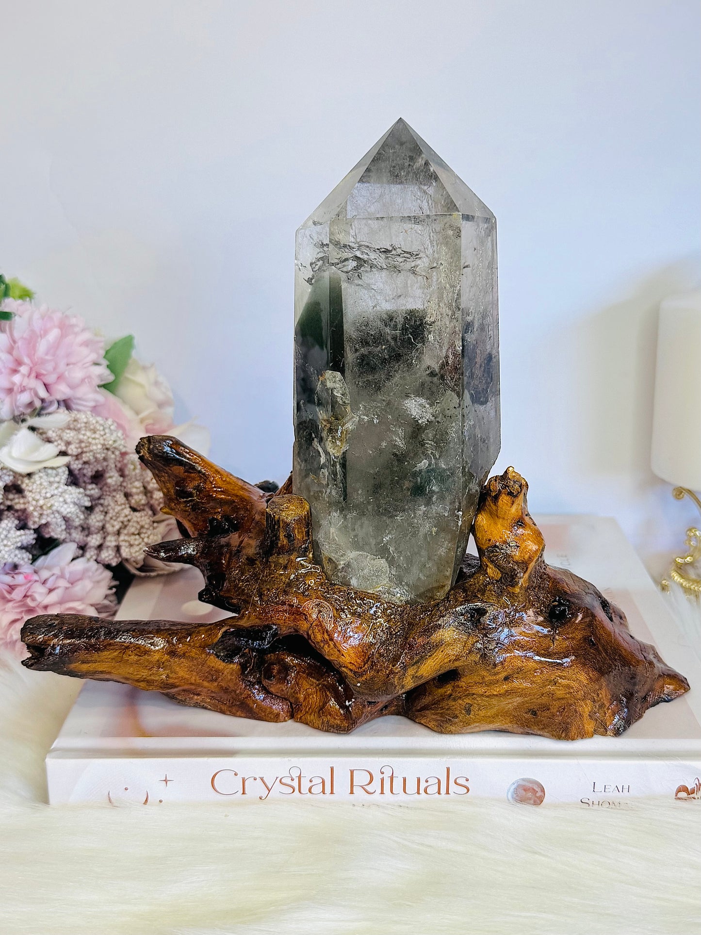 Stunning Large Garden Quartz | Lodolite Tower on Timber Base 938grams 27cm