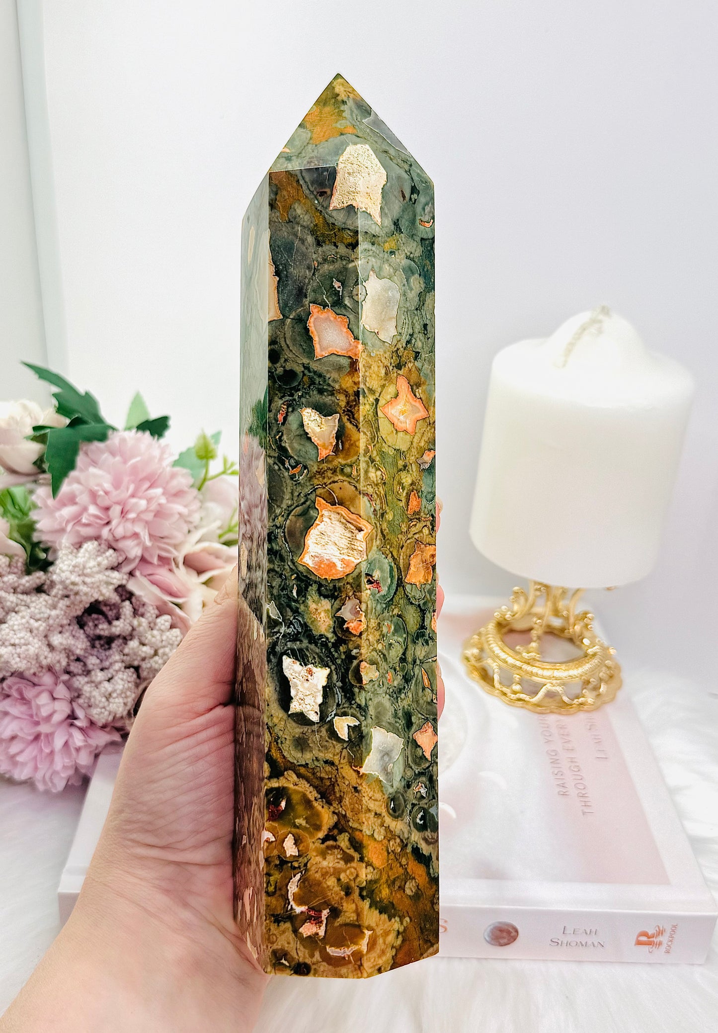 The Most Stunning Huge Druzy Rainforest Jasper Tower with Amazing Colours 24cm 1.09KG