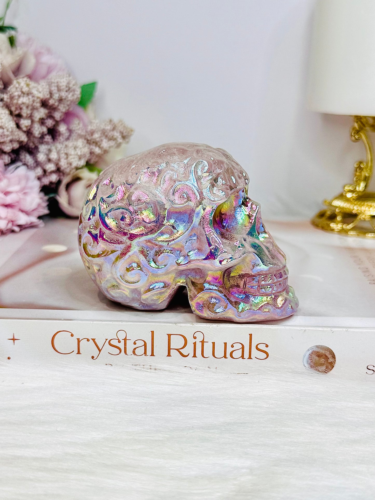 Angel Aura Rose Quartz Filigree Skull 8.5cm 349g