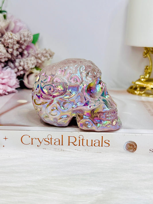 Angel Aura Rose Quartz Filigree Skull 8.5cm 349g