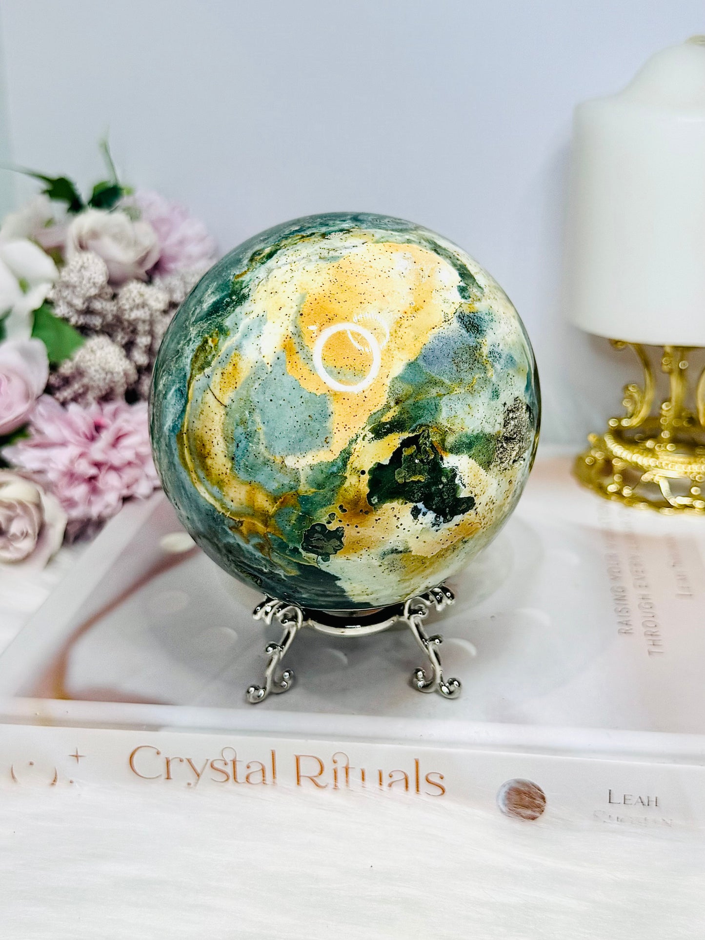 Large Ocean Jasper Sphere On Stand 1.19KG