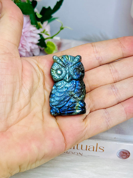 Labradorite Carved Owl Full of Flash 5cm