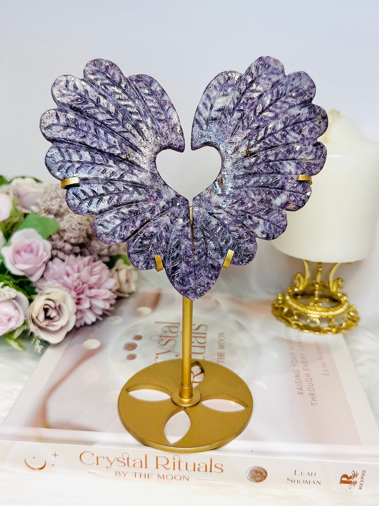 Large Lepidolite Feather Style Heart On Stand 20.5cm