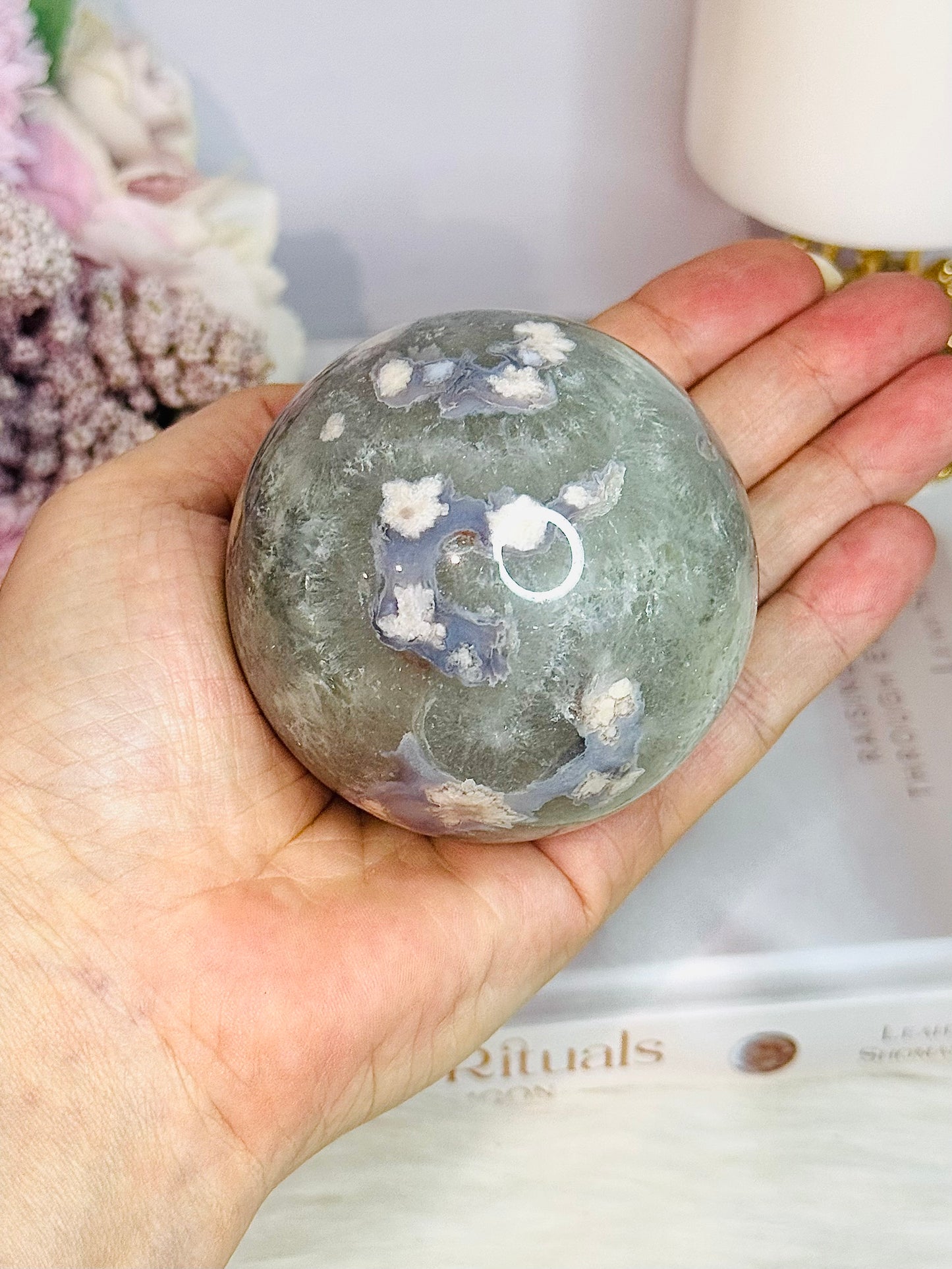 Elegant Green Flower| Blossom Agate Sphere On Stand 289grams