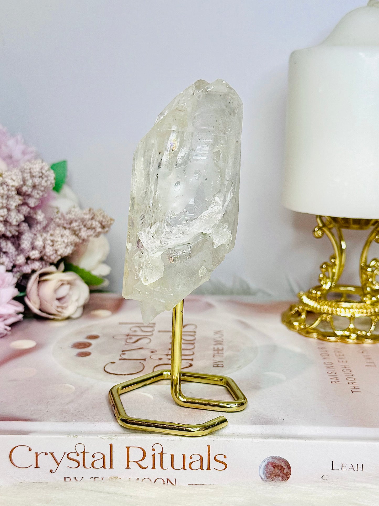 Clear Quartz Double Terminated Point Tower on Gold Stand 13cm