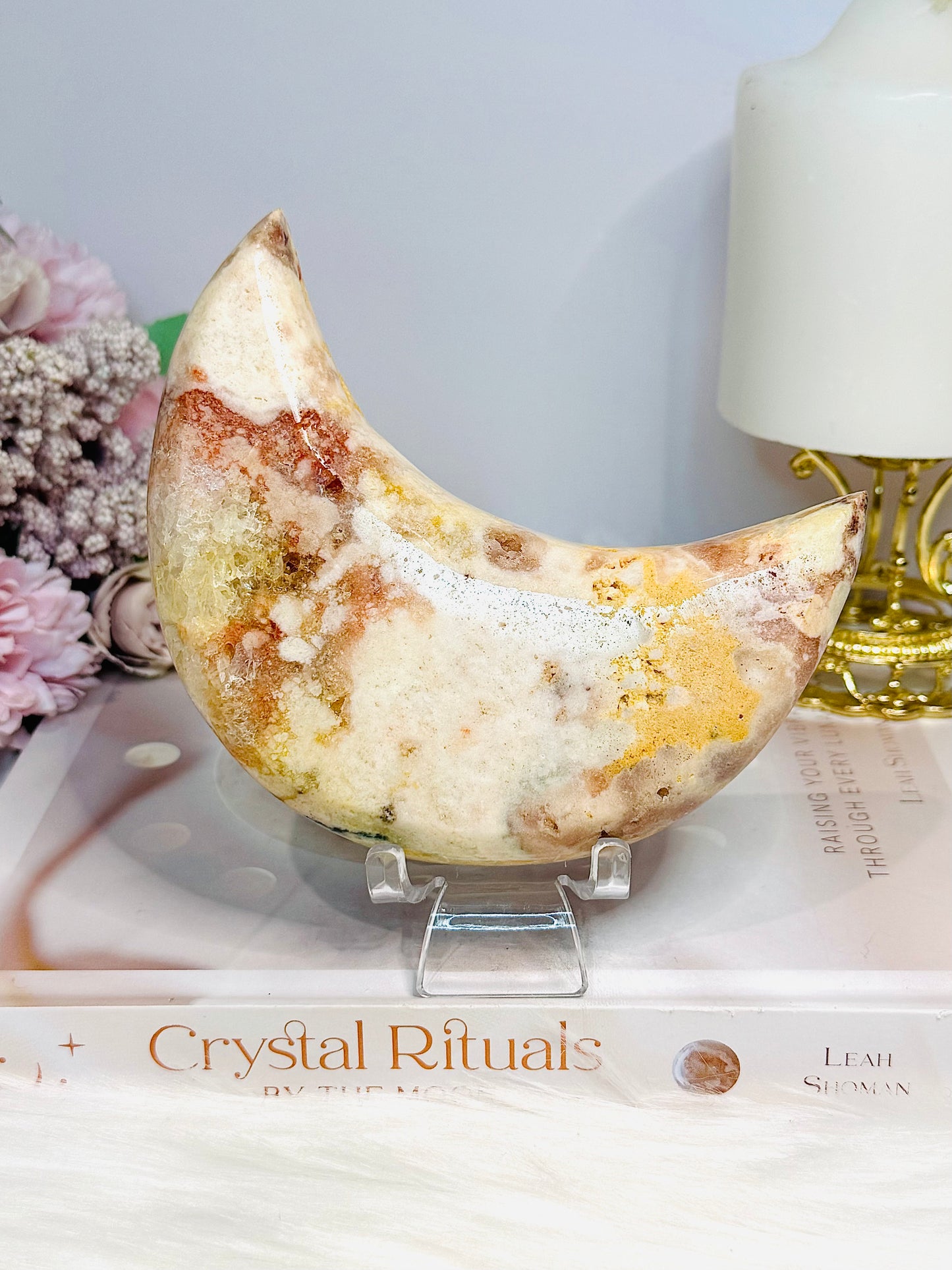 Large Chunky Pink Amethyst Carved Druzy Moon On Stand 12.5cm 471g