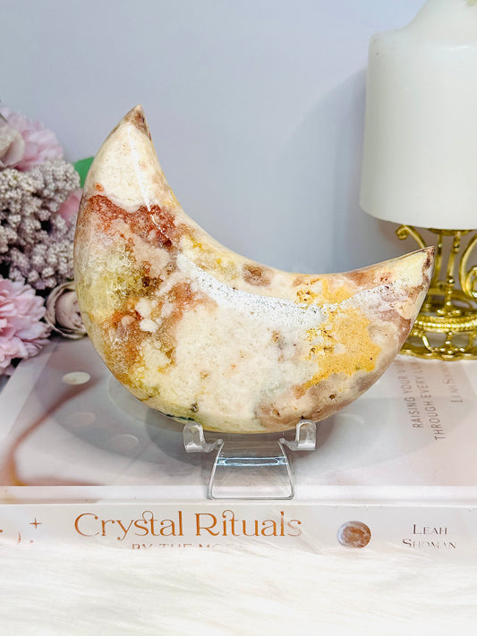 Large Chunky Pink Amethyst Carved Druzy Moon On Stand 12.5cm 471g
