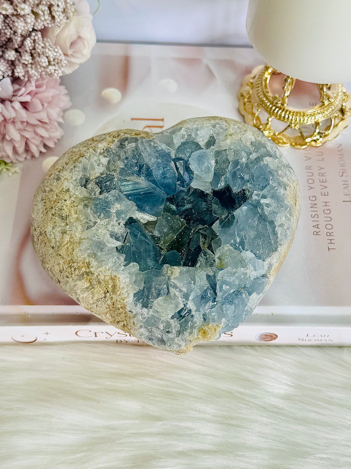 Huge 1.65KG Natural Blue Celestite Cluster Carved Heart