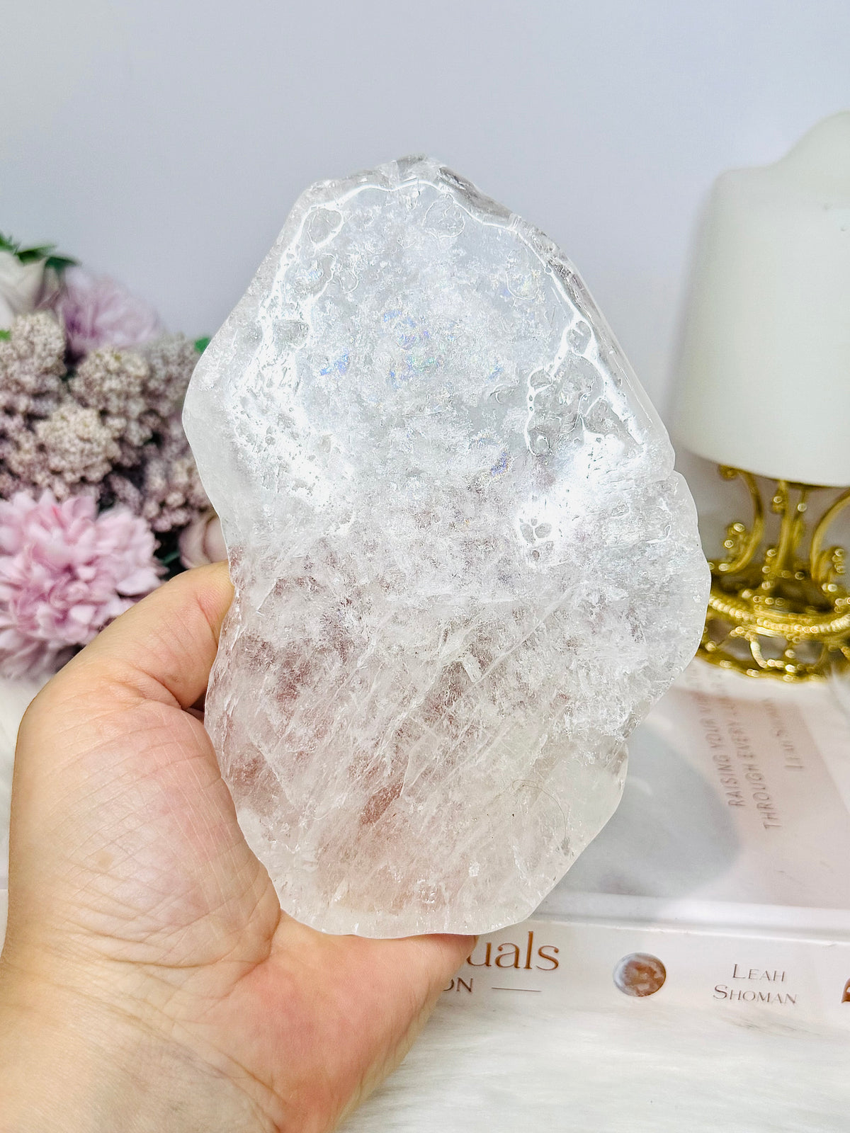Large Clear Quartz Slab with Rainbows On Stand 14.5cm 358g