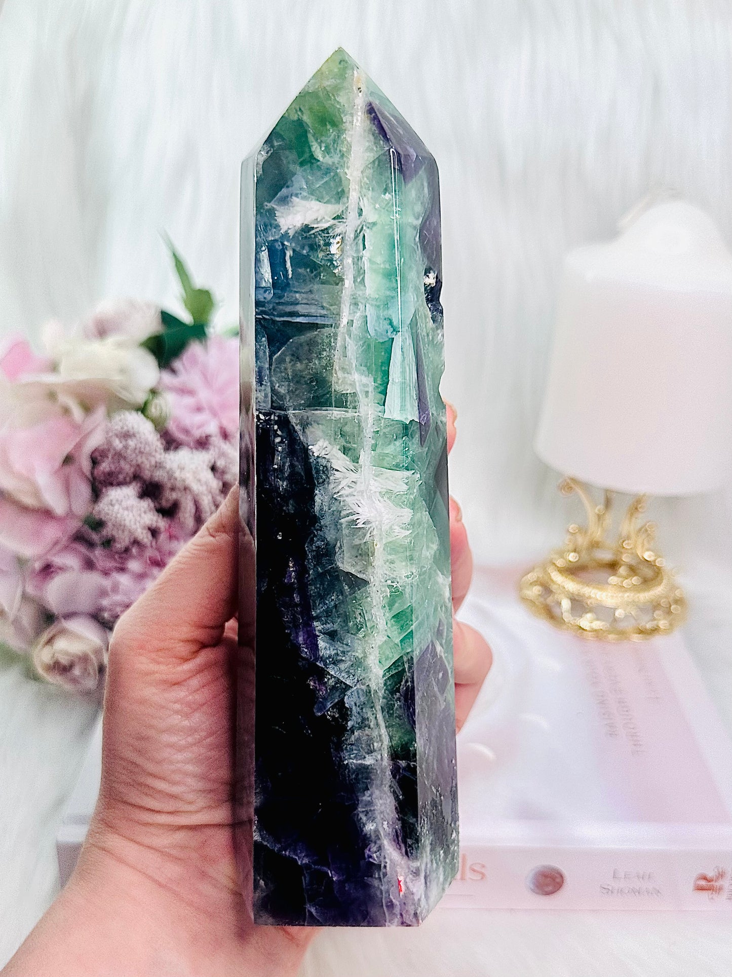Absolutely Incredible Large 871gram 18.5cm Chunky Feather Fluorite Tower with Rainbows